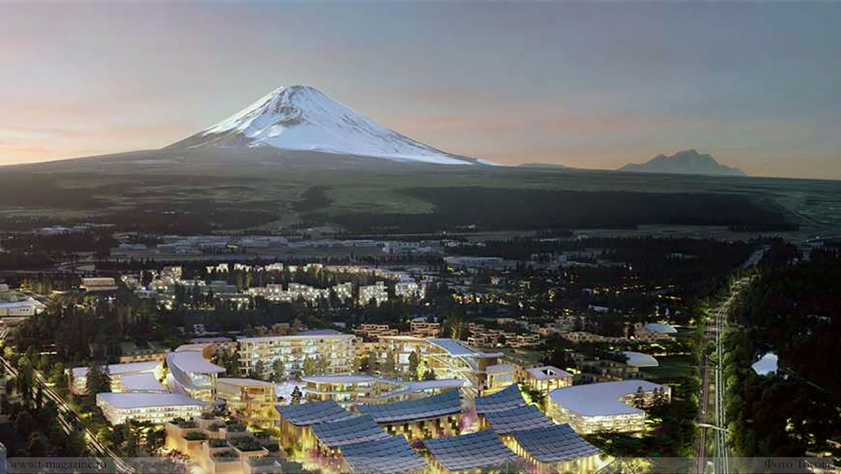 Картинка планируемого города будущего Woven City у подножия горы Фудзи в Японии
